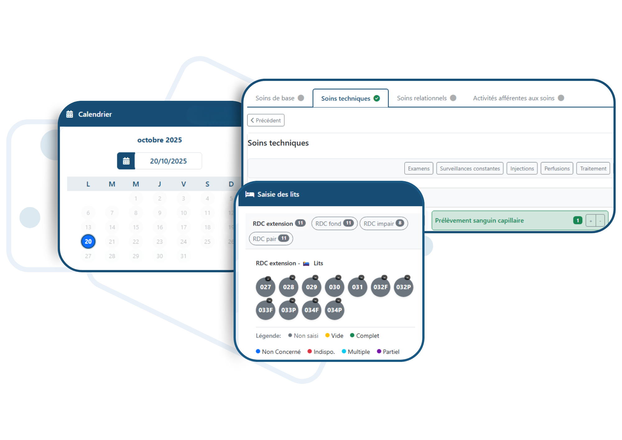 Vue de l'interface de saisie de la solution E-VALCES- permettant ensuite le calcul de la charge en soin grâce aux données collectées (soin réalisés renseigné dans le dossier patient)