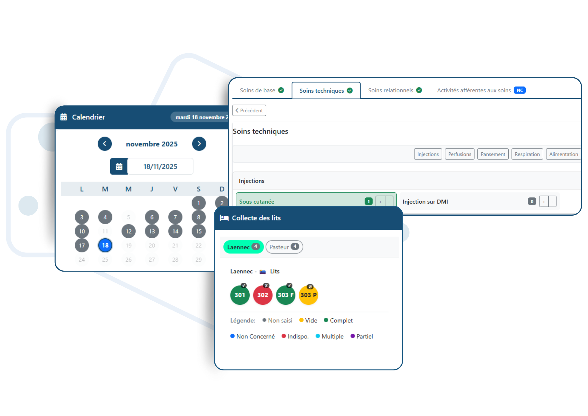 Vue de l'interface de saisie de la solution E-VALCES- permettant ensuite le calcul de la charge en soin grâce aux données collectées (soin réalisés renseigné dans le dossier patient)